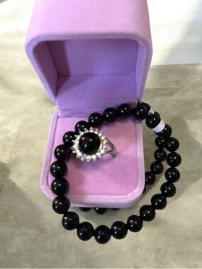 Black Onyx Halo Ring with Matching Bead Bracelet